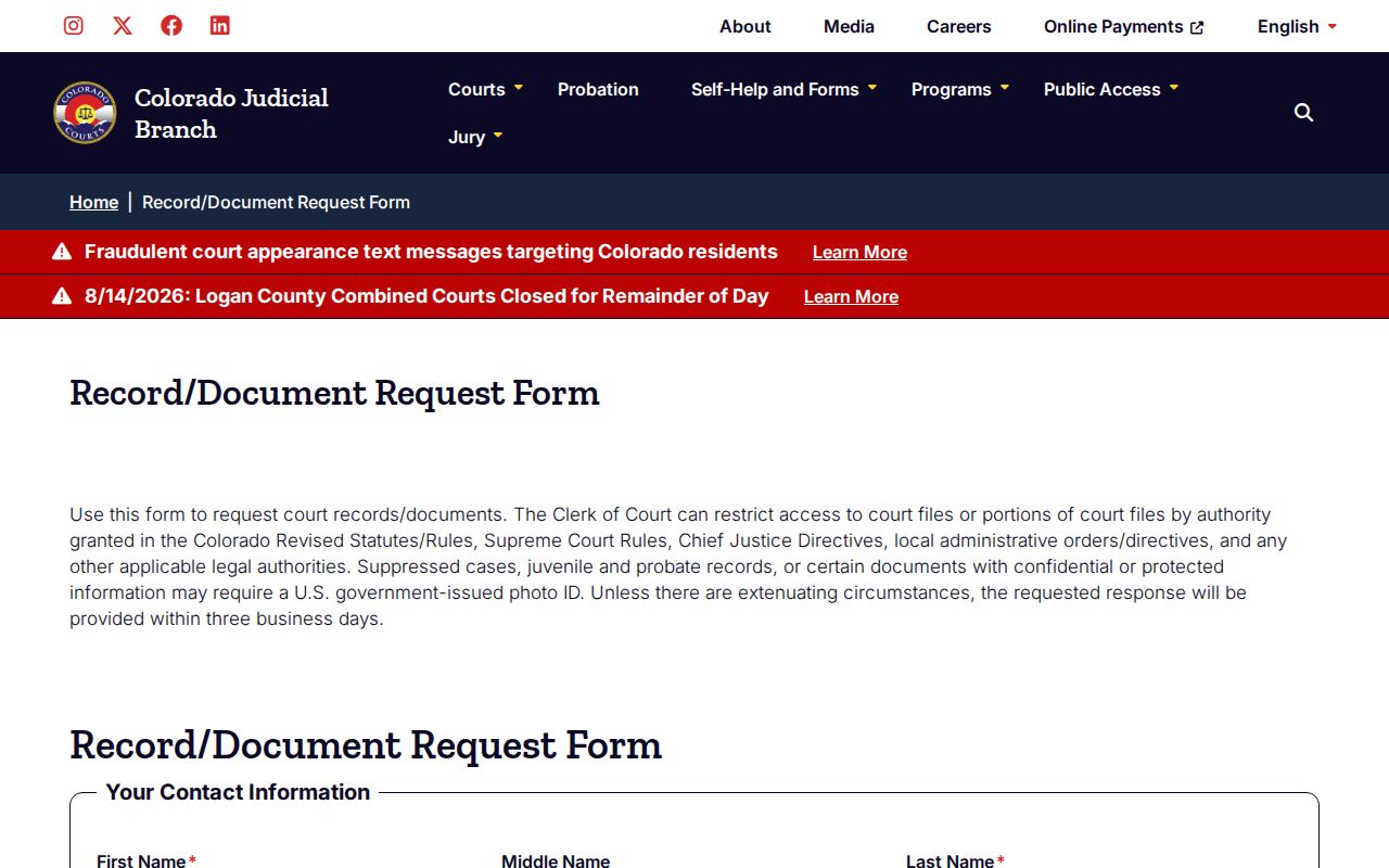 Kit Carson County case search record request form