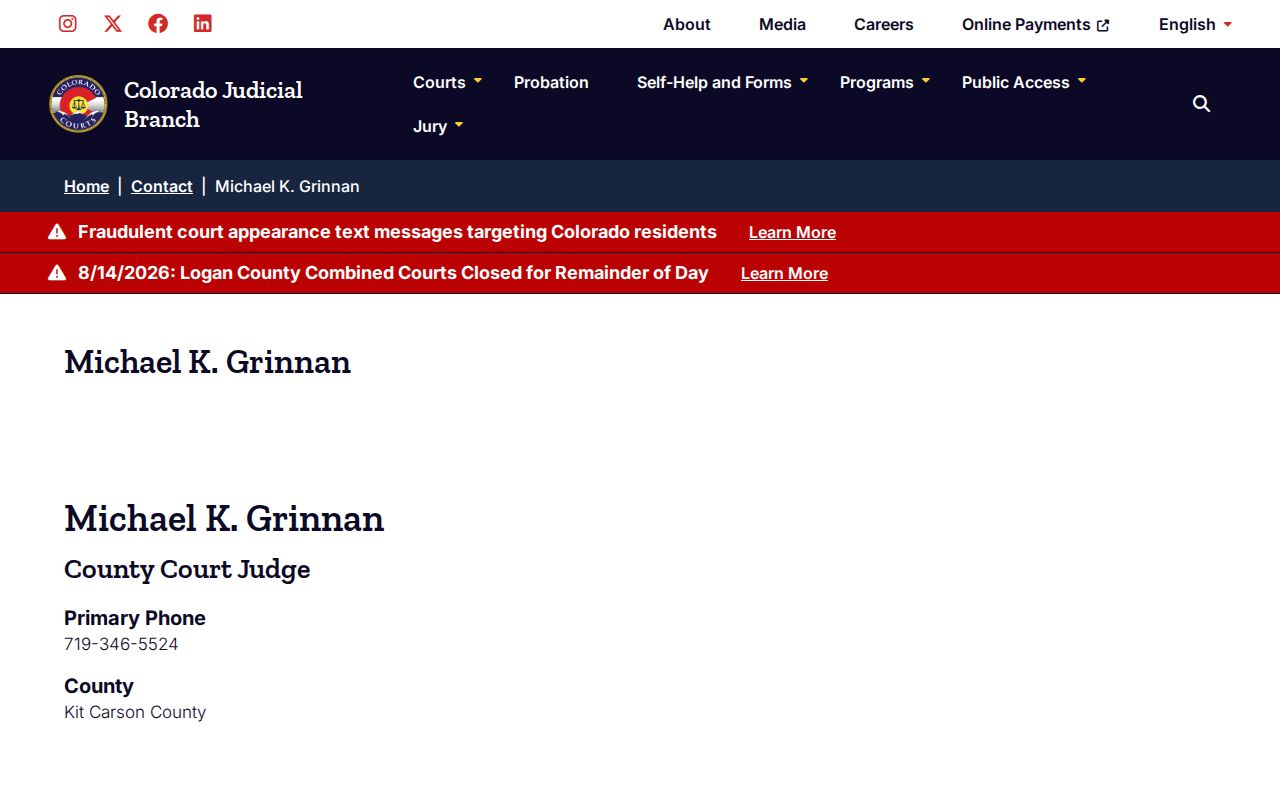 Kit Carson County court calendar judge contact page