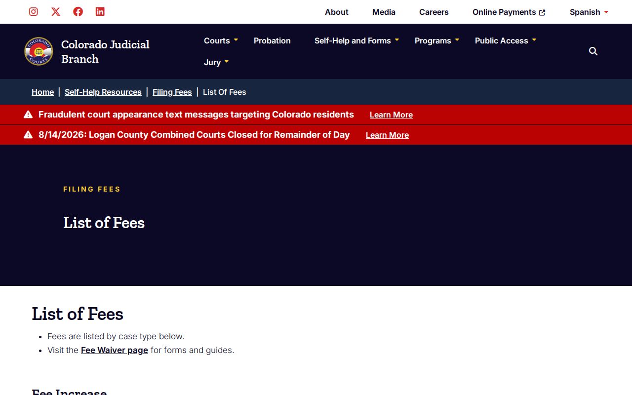 Kit Carson County court records fee list