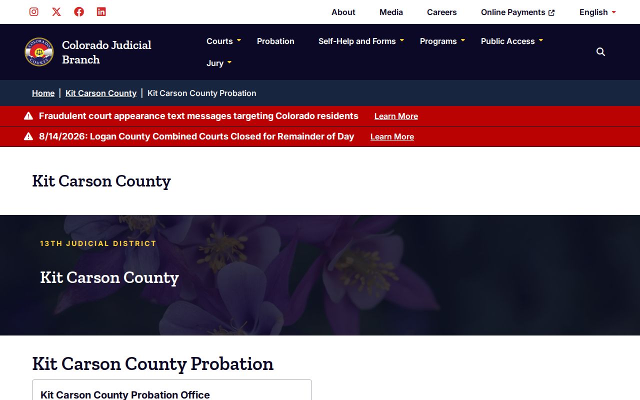 Kit Carson County criminal docket probation services page