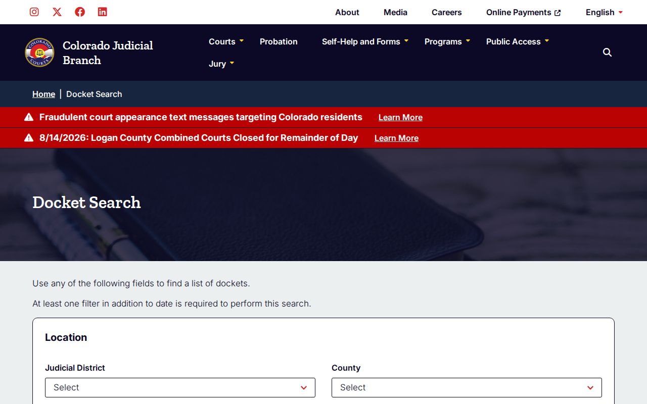 Kit Carson County court docket search controls on the Colorado Judicial Branch site