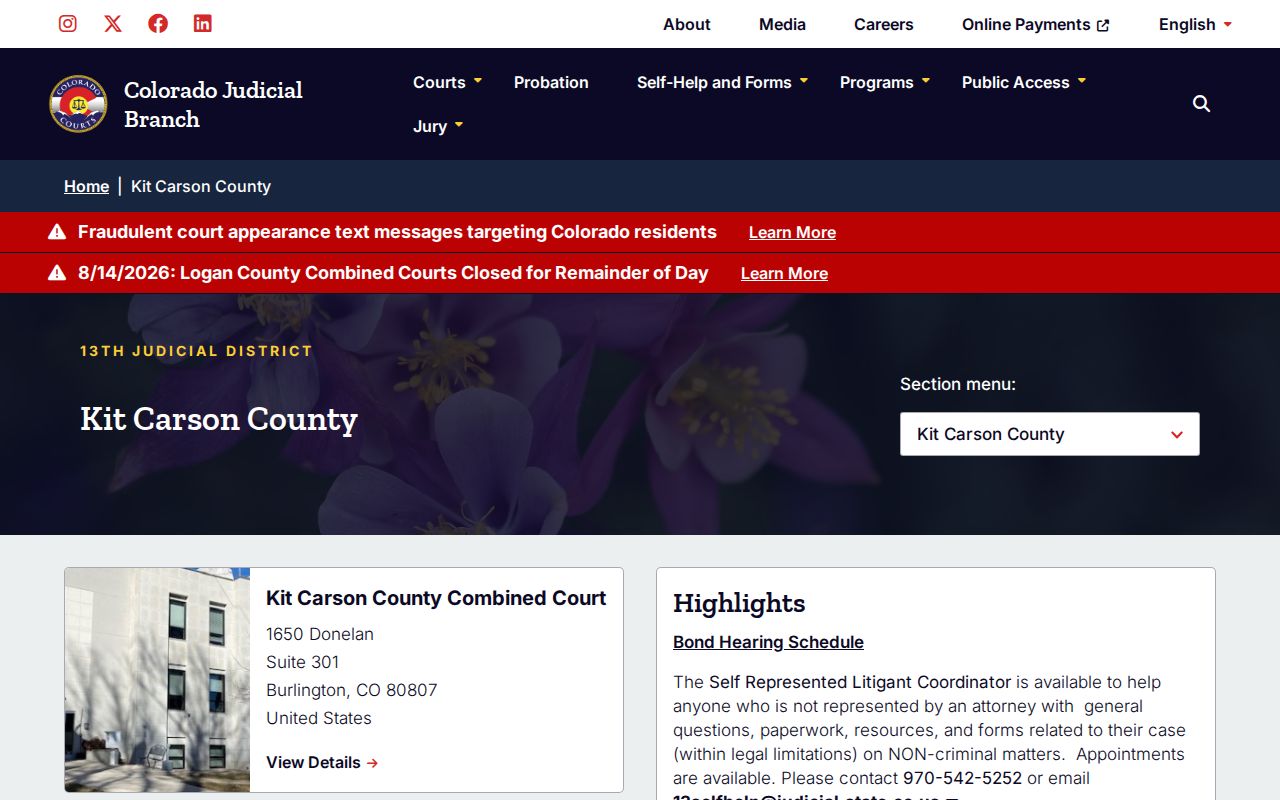 Kit Carson County court docket information on the official trial court page